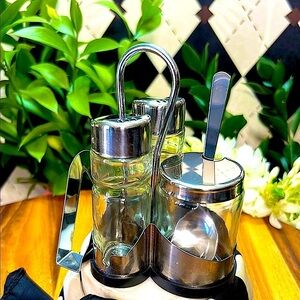 Stainless Steel & Glass Condiment Set – Salt &Pepper + Oil Jar on Stand